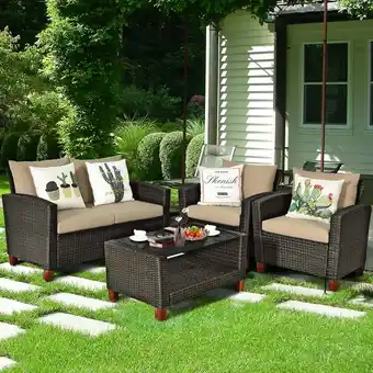 Walmart Costway 4PCS Patio Rattan Furniture Set Solid Wood Leg Cushioned Sofa Garden Lawn offer