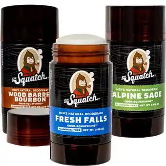 Walmart Dr. Squatch Natural Deodorant Alpine Sage, Wood Barrel Bourbon, and Fresh Falls (2.65 oz, 3 Pack) offer