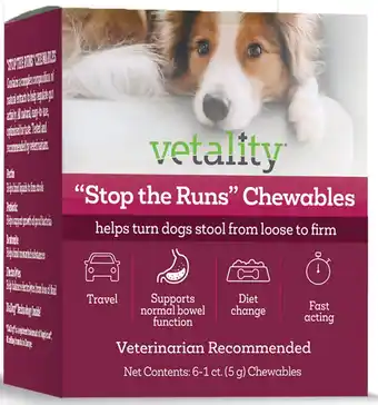 Walmart Vetality Stop The Runs, Anti-Diarrhea Chewable Tablets for Dogs, 6 Count for Dogs offer