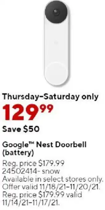 Staples Google Nest Doorbell ( Battery) offer