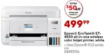 Staples Epson EcoTank ET-4850 All-In-One Wireless Color Inkjet Printer White offer
