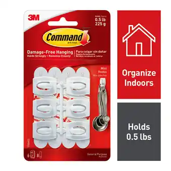 Walmart Command Mini Wall Hooks, White, Damage Free Decorating, Six Hooks and Eight Command Strips offer