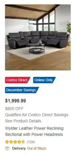 Costco Wylder Leather Power Reclining Sectional with Power Headrests offer