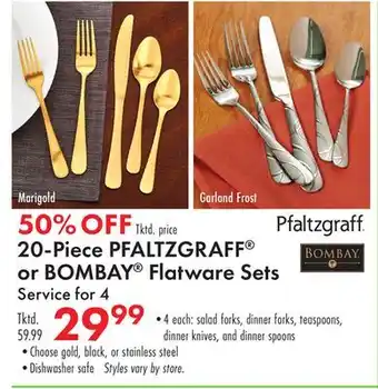 Boscov's 20-Piece PFALTZGRAFF or BOMBAY Flatware Sets offer