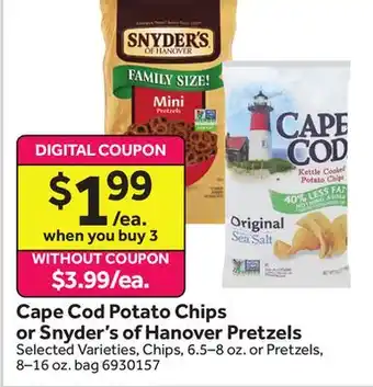 Stop&Shop Cape Cod Potato Chips or Snyder's of Hanover Pretzels offer