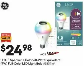Lowe's LED+ Speaker +Color 60-Watt Equivalent (9W) Full-Cover LED Light Bulb offer