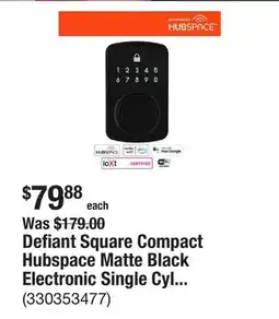 The Home Depot Defiant Square Compact Hubspace Matte Black Electronic Single Cylinder Deadbolt offer