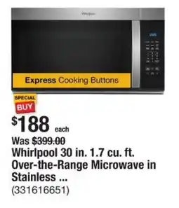 The Home Depot Whirlpool 30 in. 1.7 cu. ft. Over-the-Range Microwave in Stainless offer