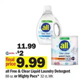 Meijer all Free & Clear Liquid Laundry Detergent 88 oz. or Mighty Pacs* 32 ct offer