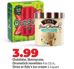 Hy-Vee Outshine, Skinnycow, Drumstick novelties 4 to 12 ct., Oreo or Edy's ice cream 1.5 quart offer