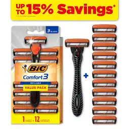 Walmart BIC Hybrid 3 Comfort Refillable Razor Kit, Men's, 3-Blade, 1 Handle and 12 Cartridges offer