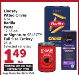 Vons Lindsay Pitted Olives 6 oz. Barilla Pasta 12-16 oz. or Signature SELECT Full Size Cutlery 24 ct offer