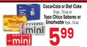 Jewel-Osco Coca-Cola or Diet Coke 10 pk., 7.5 oz. or Topo Chico Sabores or Smartwater 8 pk., 12 oz offer