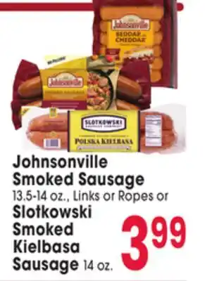 Jewel-Osco Johnsonville Smoked Sausage 13.5-14 oz., Links or Ropes or Slotkowski Smoked Kielbasa Sausage 14 oz offer