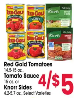 Jewel-Osco Red Gold Tomatoes 14.5-15 oz., Tomato Sauce 15 oz. or Knorr Sides offer