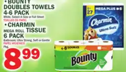 Bravo Supermarkets BOUNTY DOUBLES TOWELS 4-6 PACK, CHARMIN MEGA ROLL TISSUE 6 PACK offer