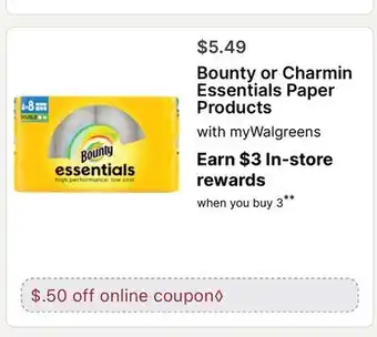 Walgreens Bounty or Charmin Essentials Paper Products offer