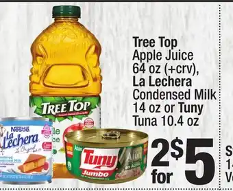 Super King Markets Tree Top Apple Juice 64 oz (+ crv), La Lechera Condensed Milk 14 oz or Tuny Tuna 10.4 oz offer