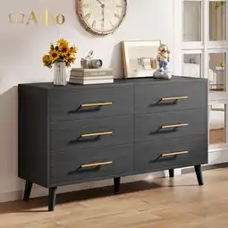 Walmart Aiho Modern 6 Drawer Wood Dressers, Wide Chest of Drawers with Gold Handles for Bedroom , Black offer