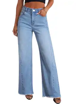 Walmart Dokotoo Women's Wide Leg Jeans High Waisted Strechy Raw Hem Frayed Hem Denim Pants offer