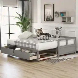 Walmart Churanty Wooden Extendable Bed, Daybed with Two Storage Drawers for Bedroom Living Room，Grey offer