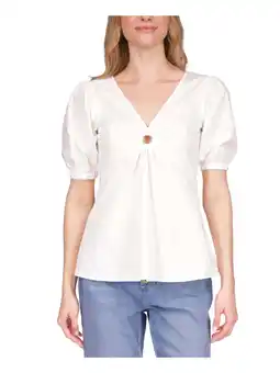 Walmart MICHAEL MICHAEL KORS Womens White Zippered Lined Ring Cutout Pouf Sleeve V Neck Top XS offer