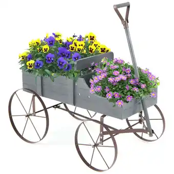 Walmart Gymax Patiojoy Wooden Garden Flower Planter Wagon Plant Bed W/ Wheel Garden Yard Gray offer