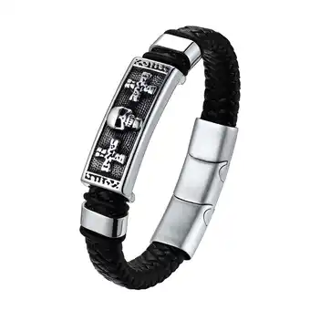 Walmart U7 Punk Genuine Leather Cross Skull Bracelet Stainless Steel for Men Silver Braided Adjutable Bangle offer