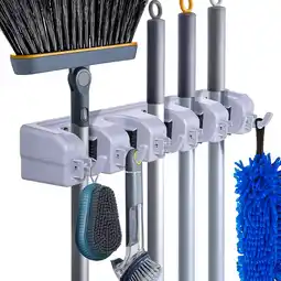 Walmart BIMZUC Wall Mounted Broom Rack, 5 Position Plastic Storage Rack with Hooks for Cleaning Tools (Gray) offer