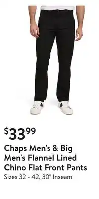 Walmart Chaps Men's & Big Men's Flannel Lined Chino Flat Front Pants offer