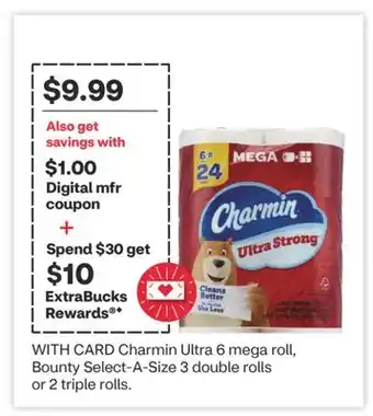 CVS Charmin Ultra 6 mega roll, Bounty Select-A-Size 3 double rolls or 2 triple rolls offer