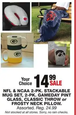 Blain's Farm & Fleet NFL & NCAA 2-PK STACKABLE MUG SET 2-PK GAMEDAY PINT GLASS, CLASSIC THROW or FROSTY NECK PILLOW offer