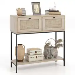 Walmart Costway Rattan Console Table with 2 Rattan Drawers & Open Storage Shelf Metal Legs Oak offer