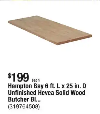 The Home Depot Hampton Bay 6 ft. L x 25 in. D Unfinished Hevea Solid Wood Butcher Block Countertop With Square Edge offer