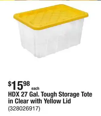 The Home Depot HDX 27 Gal. Tough Storage Tote in Clear with Yellow Lid offer