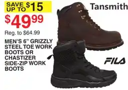 Dunham's Sports TANSMITH, FILS MEN'S 6 GRIZZLY STEEL TOE WORK BOOTS OR CHASTIZER SIDE-ZIP WORK BOOTS offer