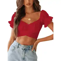 Walmart Red T Shirts For Women's Ruffle Short Sleeve Tie Up Back Crop Top Off Shoulder Blouse offer