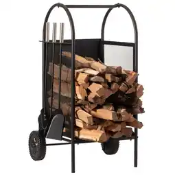 Walmart Indoor and Outdoor Patio Iron Firewood Log Cart with Wheels and Fireplace Tool Set, Black offer