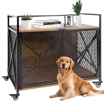 Walmart PETSCOSSET Dog Crate Furniture, Wooden Dog Cage End Table with Lockable Wheels offer