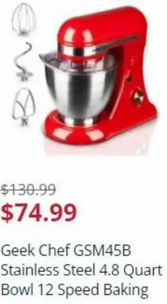 Sears Geek Chef GSM45B Stainless Steel 4.8 Quart Bowl 12 Speed Baking offer