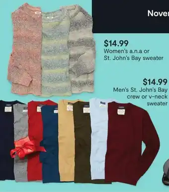 JC Penney Women's A.N.A Or St. John's Bay Sweater, Men's St. John's Bay Crew Or V-Neck Sweater offer