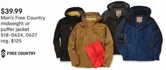 JC Penney Men's Free Country Midweight Or Puffer Jacket offer