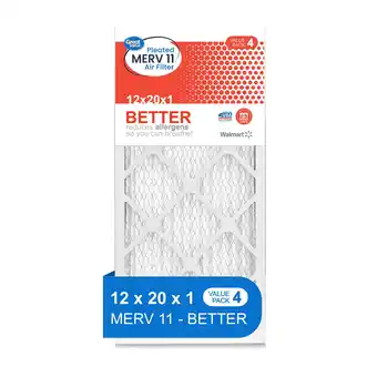 Walmart Great Value 12x20x1 MERV 11 BETTER HVAC Air and Furnance Filter Reduces Allergens 4 Filters offer