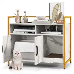 Walmart Gymax Large Litter Box Enclosure Cat Wooden Storage Cabinet with 2 Doors Marble White offer