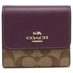 Walmart Coach Women's Small Snap Trifold Leather Wallet in Blocked Signature Canvas (Khaki / Deep Berry) offer