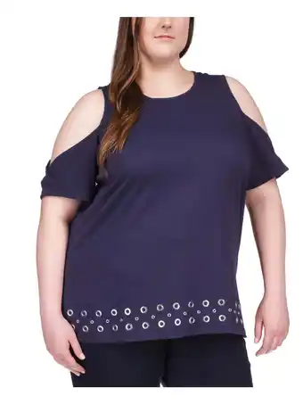 Walmart MICHAEL KORS Womens Navy Cold Shoulder Grommets At Hem Heather Short Sleeve Crew Neck Top Plus 2X offer