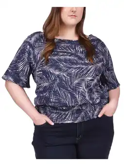 Walmart MICHAEL KORS Womens Navy Smocked Sheer Printed Short Sleeve Crew Neck Top Plus 1X offer