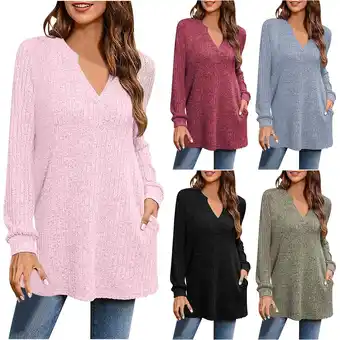 Walmart 2025 New Fashion Plus Size Women's Loose Casual Solid V-neck Side Slit With Pockets Long Sleeved Top offer