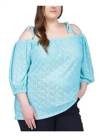 Walmart MICHAEL KORS Womens Turquoise Eyelet Sheer Tie Straps 3/4 Sleeve Off Shoulder Top Plus 0X offer