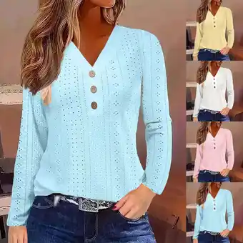 Walmart 2025 New Fashion Plus Size Women's Loose Casual Solid Color V-neck Button Long Sleeved Top offer